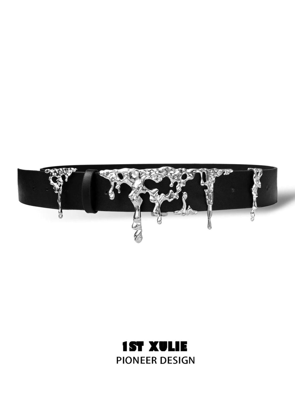 1STXULIE Leather Belt Liquid Lava Metal Sculpture Avant-Garde Waist